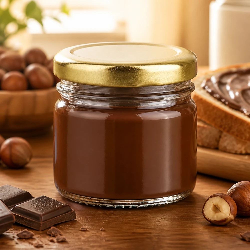 33 ml rond glazen potje + BasicSeal-deksel goud UNiTWIST Doorzichtig portieglas van 33 ml met BasicSeal-deksel in goud voor notenpasta’s en chocoladepasta