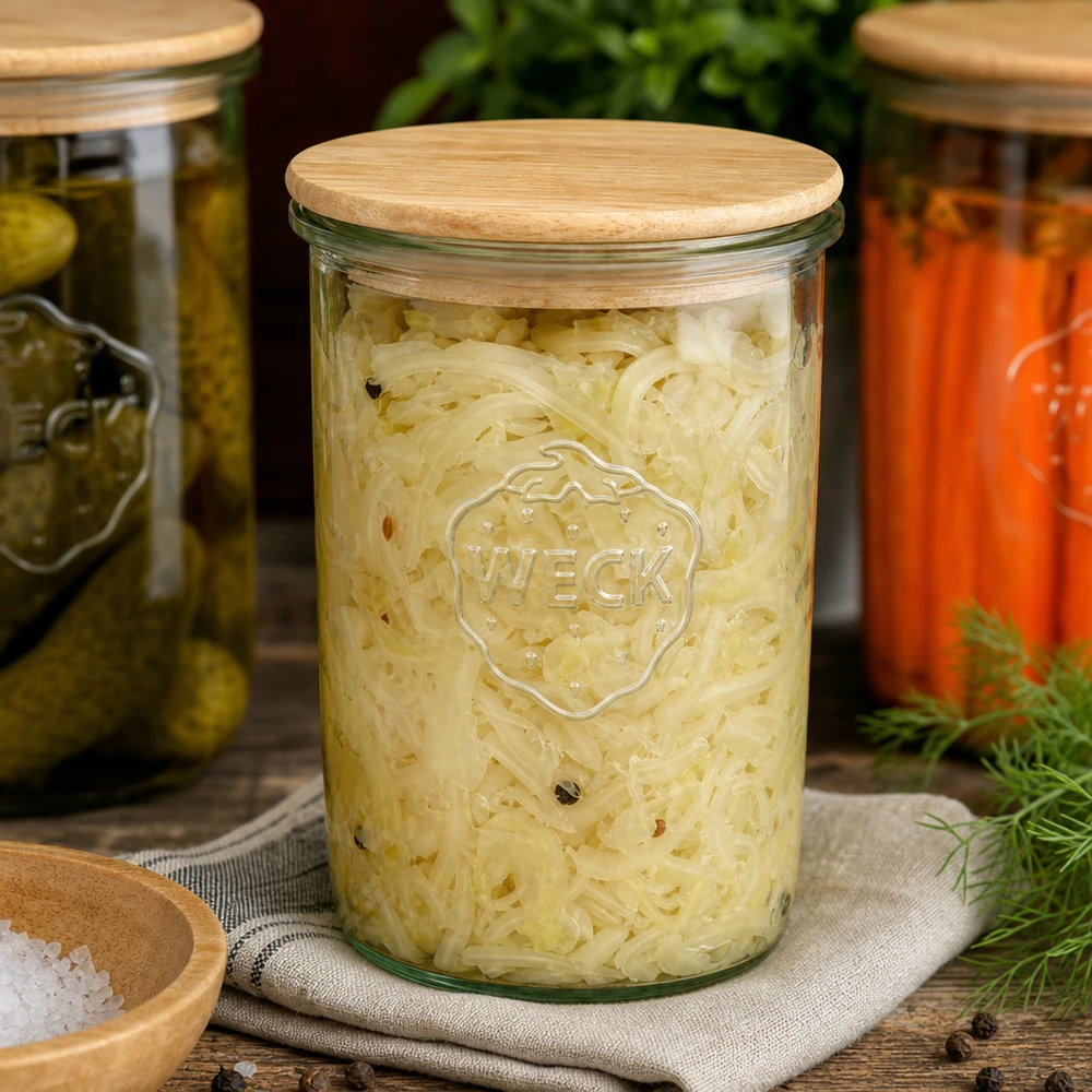 WECK inmaakpot 1000ml gevuld met zuurkool en houten deksel naast ingemaakte komkommers en wortelen Fermentatie