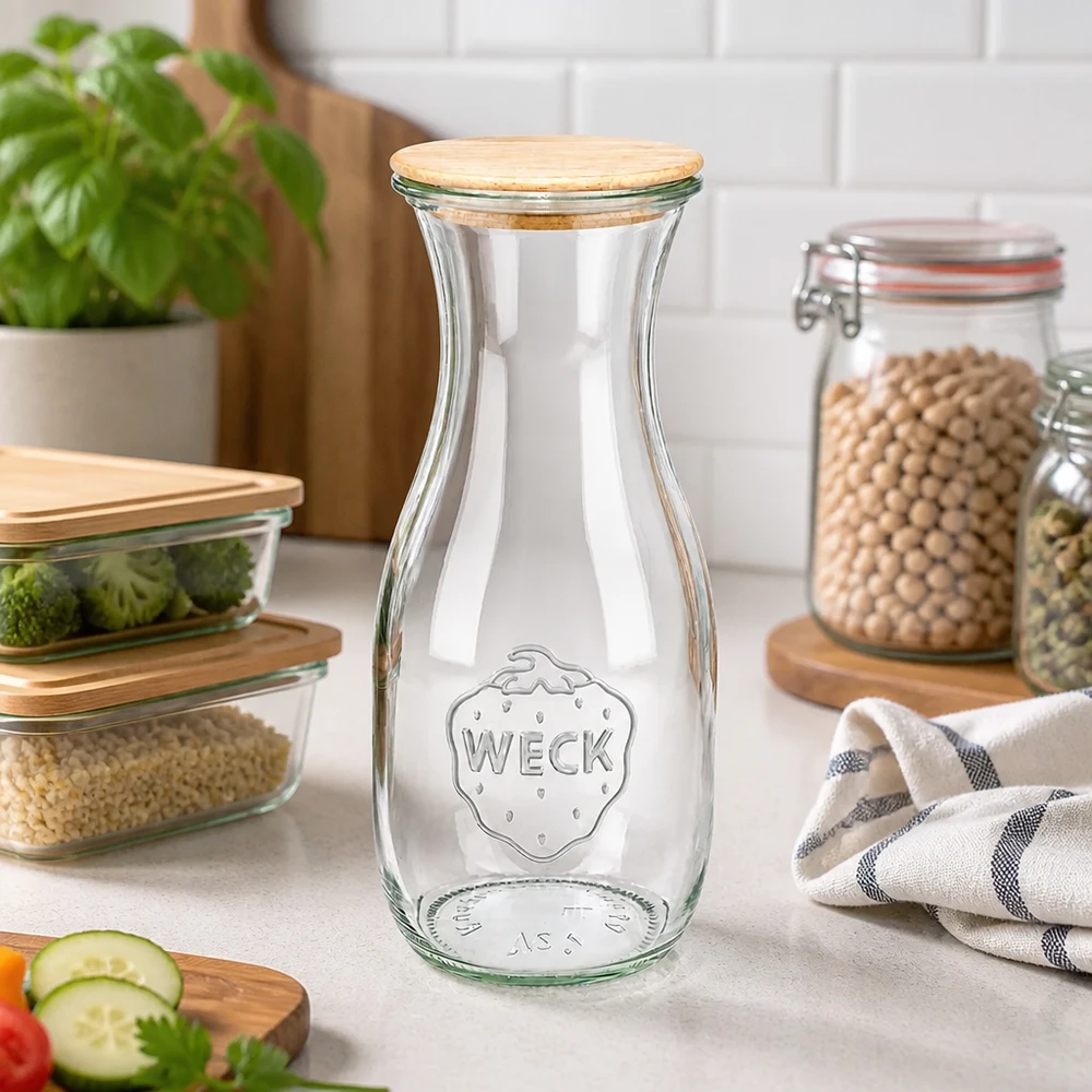 530ml sapflessen WECK RR60 met hout deksel WECK sapfles 530ml RR60 met houten deksel in moderne keukens naast groenten en peulvruchten als opbergoplossing