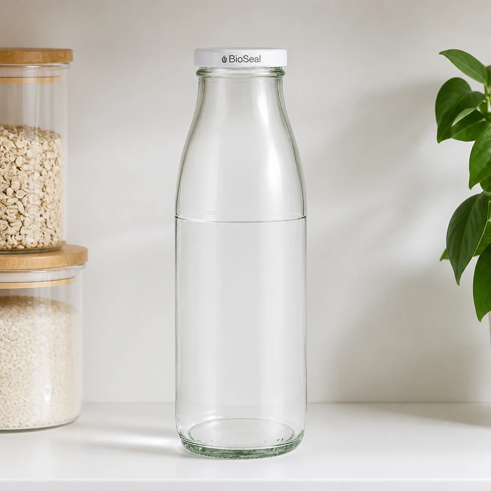 500ml fles met BioSeal deksel wit UNiTWIST 500ml glazen fles met BioSeal dop in keukenomgeving, naast voorraadpotten met muesli en groene plant