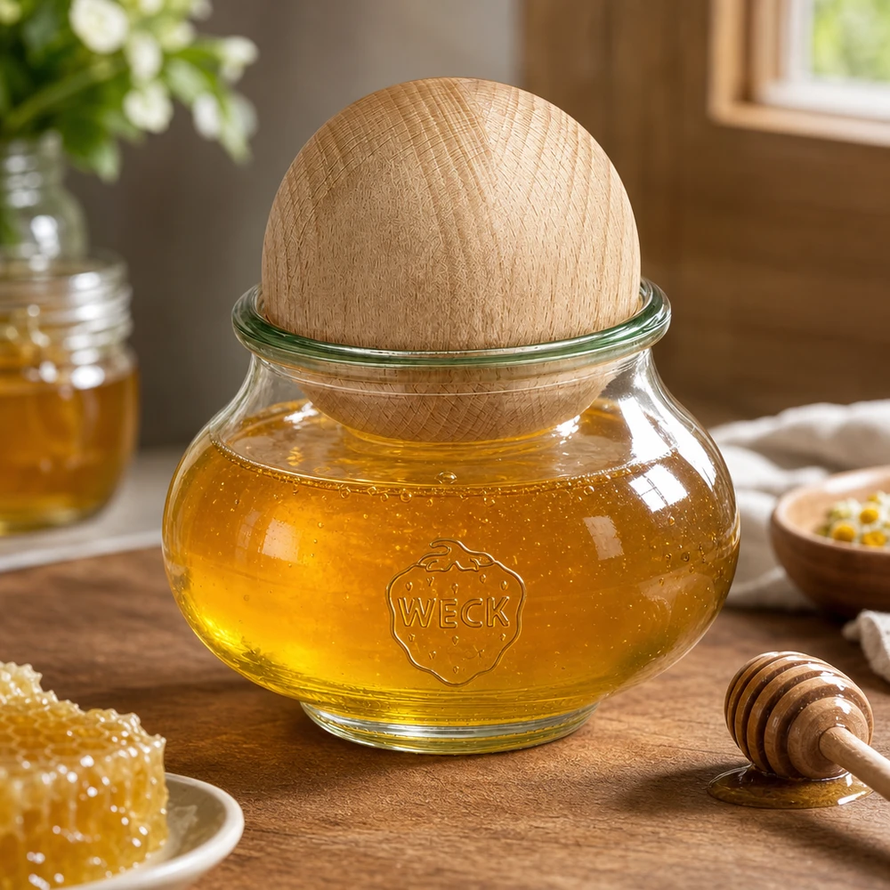 WECK honingpot 560ml RR80 beuken bol houten deksel gevuld met honing honinglepel honingraat keukenaccessoires