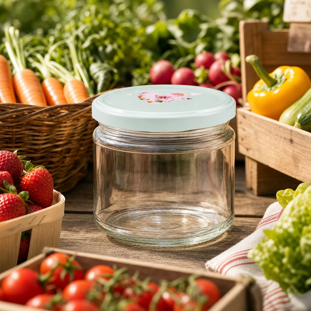 Ronde pot van 330 ml + deksel BasicSeal mint hart UNiTWIST 330ml ronde pot leeg BasicSeal deksel hartje motief mint voorraadpot groentemarkt vers fruit groenten boerenmarkt