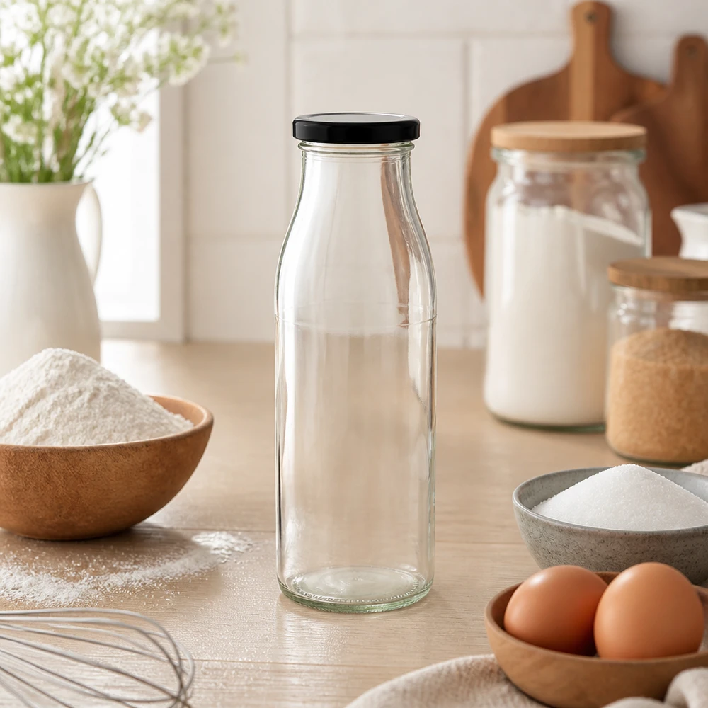 500ml fles met BasicSeal deksel zwart UNiTWIST Glazen fles van 500 ml met zwart deksel in een natuurlijke keukenomgeving met bakingrediënten en houten kommen
