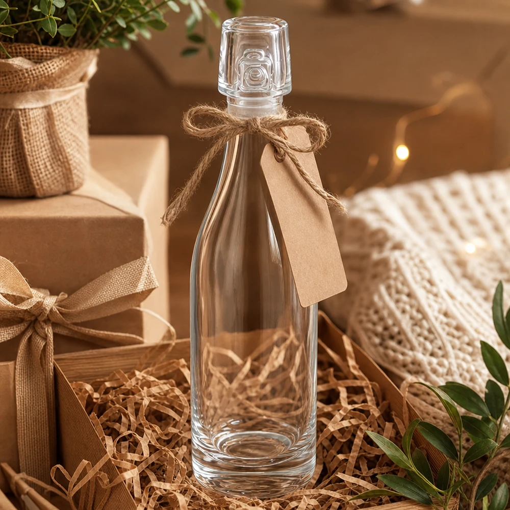 50ml glazen fles UNiTWIST geschenkverpakking met jute koord en label in geschenkverpakking met rietje