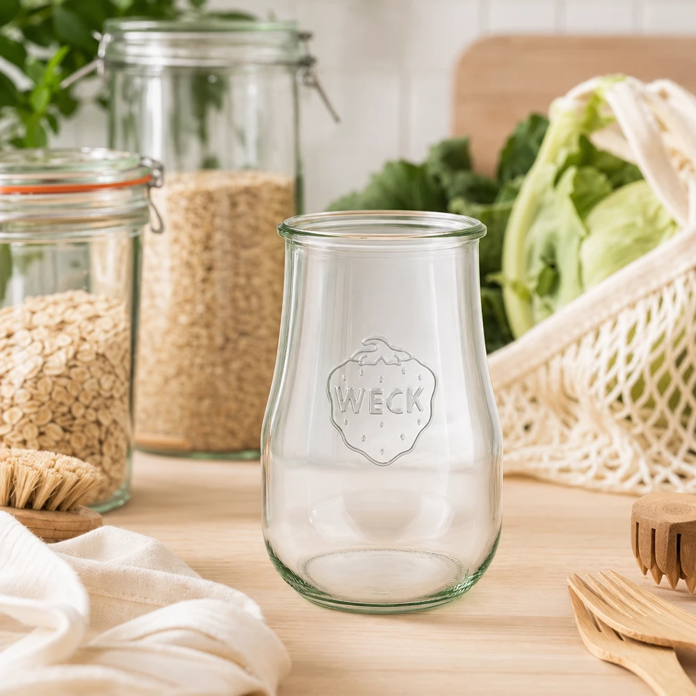 WECK tulpenpot 1750ml RR100 in duurzame zero-waste keuken met bamboe keukengerei en biologische groenten plasticvrij