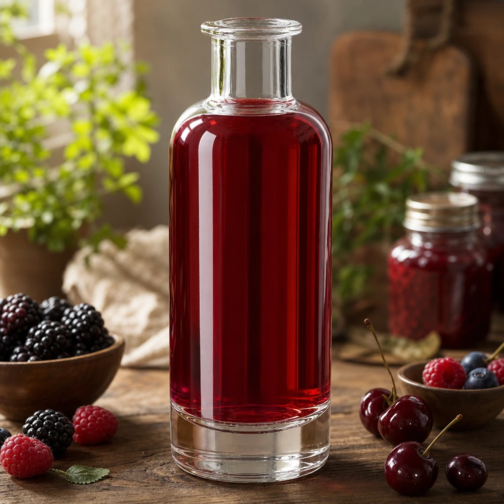 200 ml glazen fles Ella zonder sluiting UNiTWIST® 200 ml glazen fles Ella gevuld met rode bessensap omringd door verse bessen toont natuurlijke toepassing