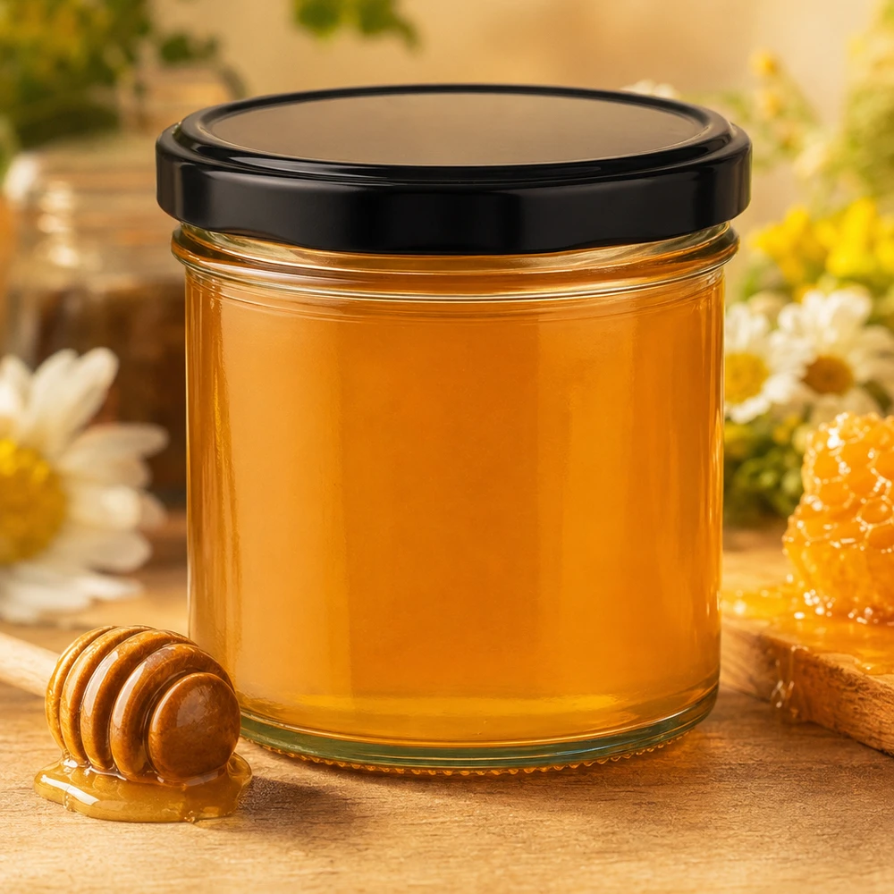 125ml bekers met BasicSeal deksel zwart UNiTWIST 125ml bekers met zwart deksel gevuld met gouden honinglepel honingraat natuurlijke decoratie