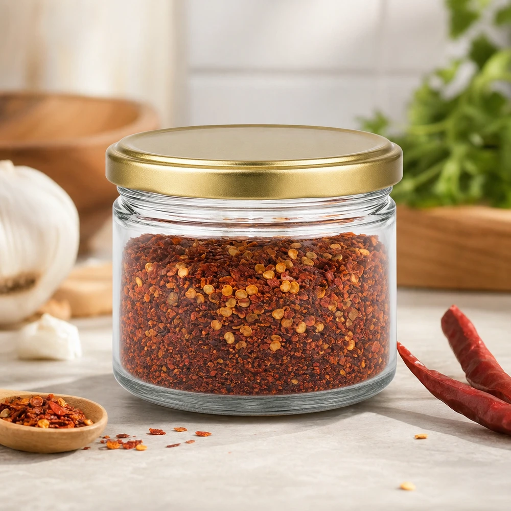 Honingpot 700 g met gouden deksel BasicSeal UNiTWIST 700g BasicSeal honingpot met gouden deksel gevuld met chilikruidenmix naast gedroogde chilipepers
