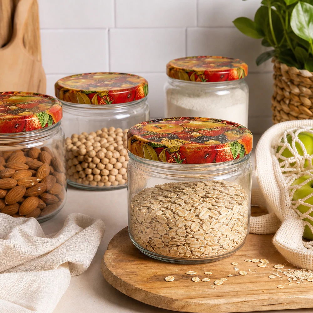 260ml bekers met BasicSeal deksel Fruit decor UNiTWIST Mehrere 260ml Sturzgläser mit Obst-Dekor Deckeln als Vorratsgläser für Haferflocken Mandeln und Kichererbsen