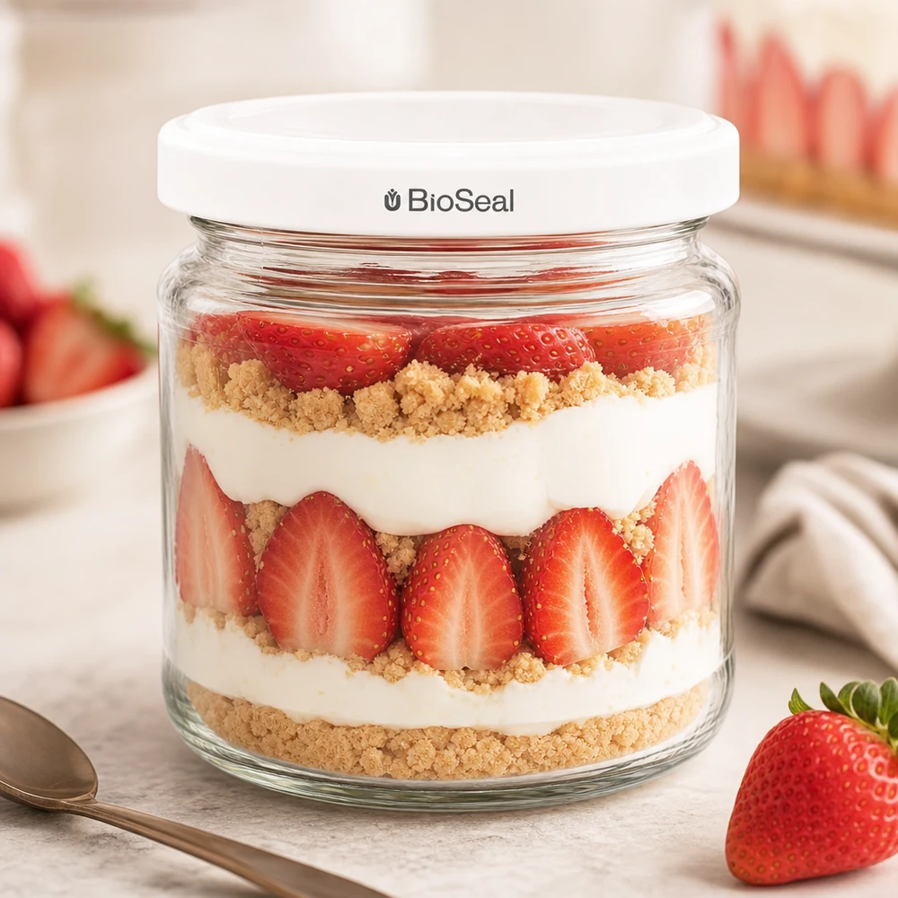 212ml rond glas met BioSeal deksel wit UNiTWIST UNiTWIST Runda212 dessertpot met aardbeien, room en crumble demonstreert de veelzijdigheid van het TO66 BioSeal deksel