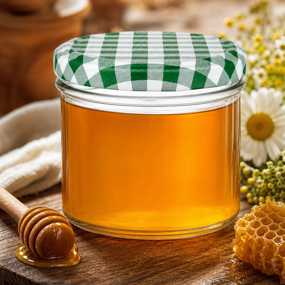 225ml bekers met BasicSeal deksel groen/wit UNiTWIST bekers van 225 ml met een groen-wit geblokt deksel gevuld met gouden honing, naast een honinglepel en een stukje honingraat