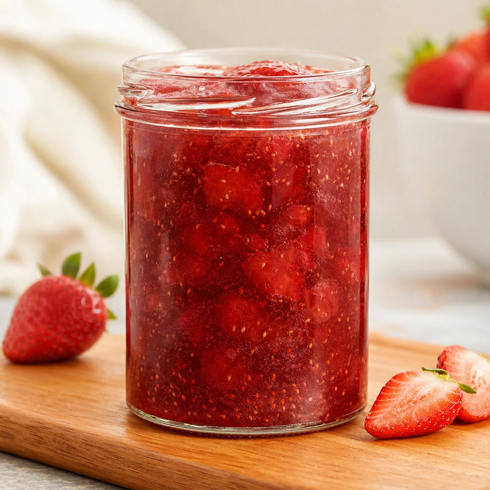 UNiTWIST Sturz435 pot 435ml gevuld met zelfgemaakte aardbeienjam TO82 draad op snijplank