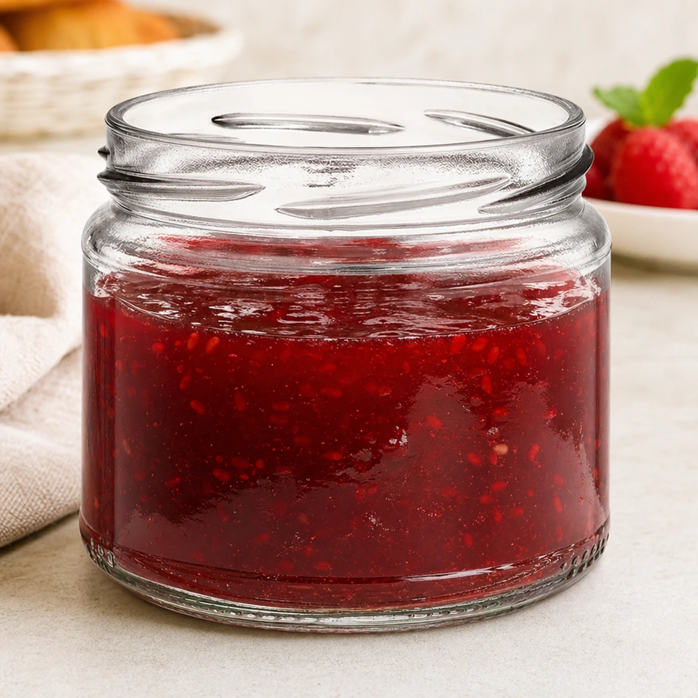 UNiTWIST Runda330 ronde pot gevuld met rode jam Aardbeienjam op de achtergrond Ontbijttafel