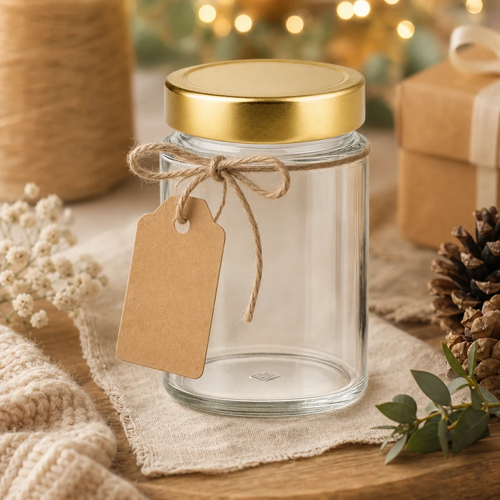 202ml rond glas met BasicSeal deksel goud deep UNiTWIST 202ml ronde pot met gouden deksel als geschenkverpakking - decoratieve pot met label voor DIY geschenken