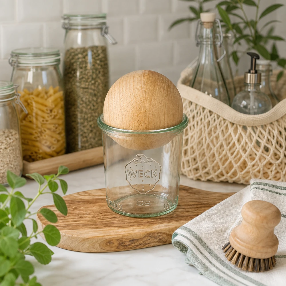 140ml stortglas WECK RR60 met houten bal WECK bekers 140ml RR60 met houten bal van beukenhout in duurzame keuken, omringd door voorraadpotten en natuurlijke mate