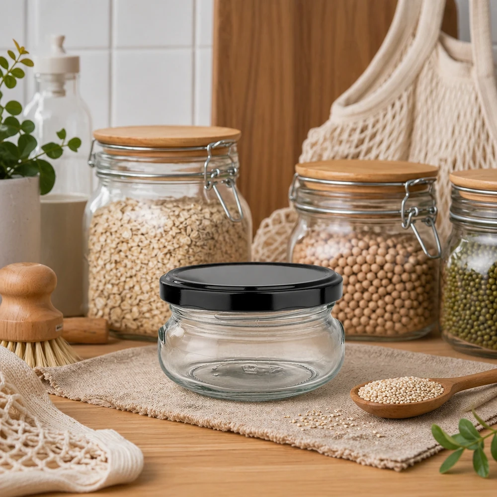 120ml terrine potje met zwart deksel in duurzame keuken, omringd door voorraadpotten en natuurlijke materialen