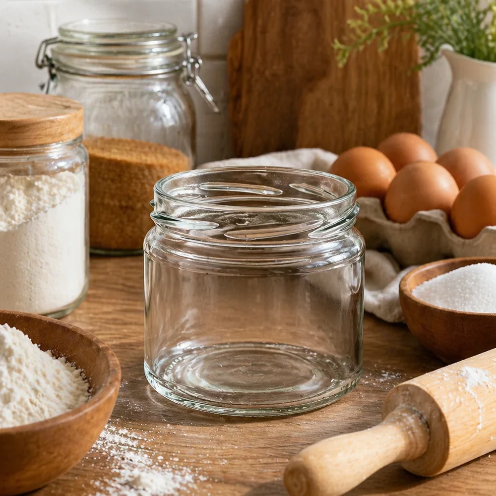 UNiTWIST Runda330 rond glas 330ml TO82 in rustieke keuken versierd met bakingrediënten, eieren en houten keukengerei