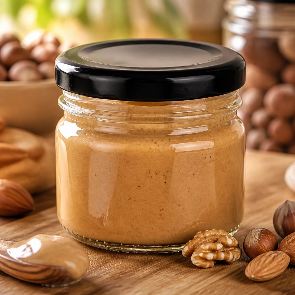 33 ml rond glazen potje + BasicSeal-deksel zwart UNiTWIST Zelfgemaakte notenpasta, verpakt in ronde glazen potjes van 33 ml met een zwarte BasicSeal-draaidop