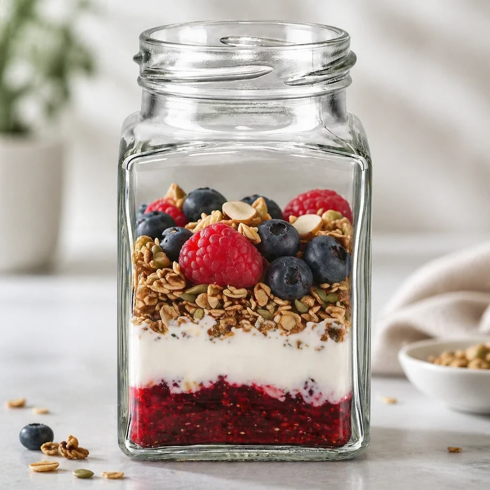 260ml tetraglas zonder deksel (TO58) UNiTWIST UNiTWIST Tetra260 4-hoek pot 260ml TO58 met muesli bessen en yoghurt als dessert in een pot op het aanrecht
