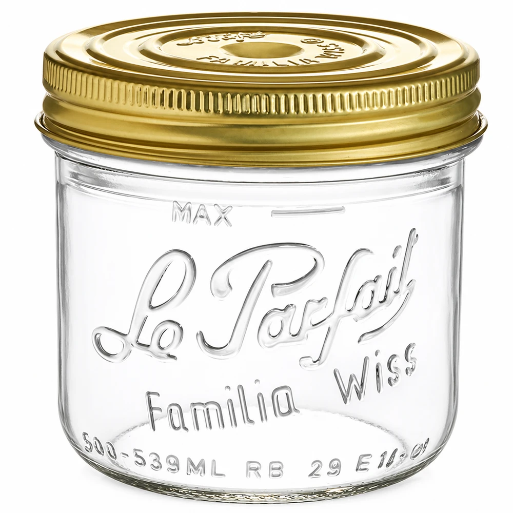 Le Parfait® Familia Wiss 500 g Ø100 mm pot 539ml Familia Wiss inmaakpot met gouden schroefdeksel Le Parfait inmaakpot voor het inmaken