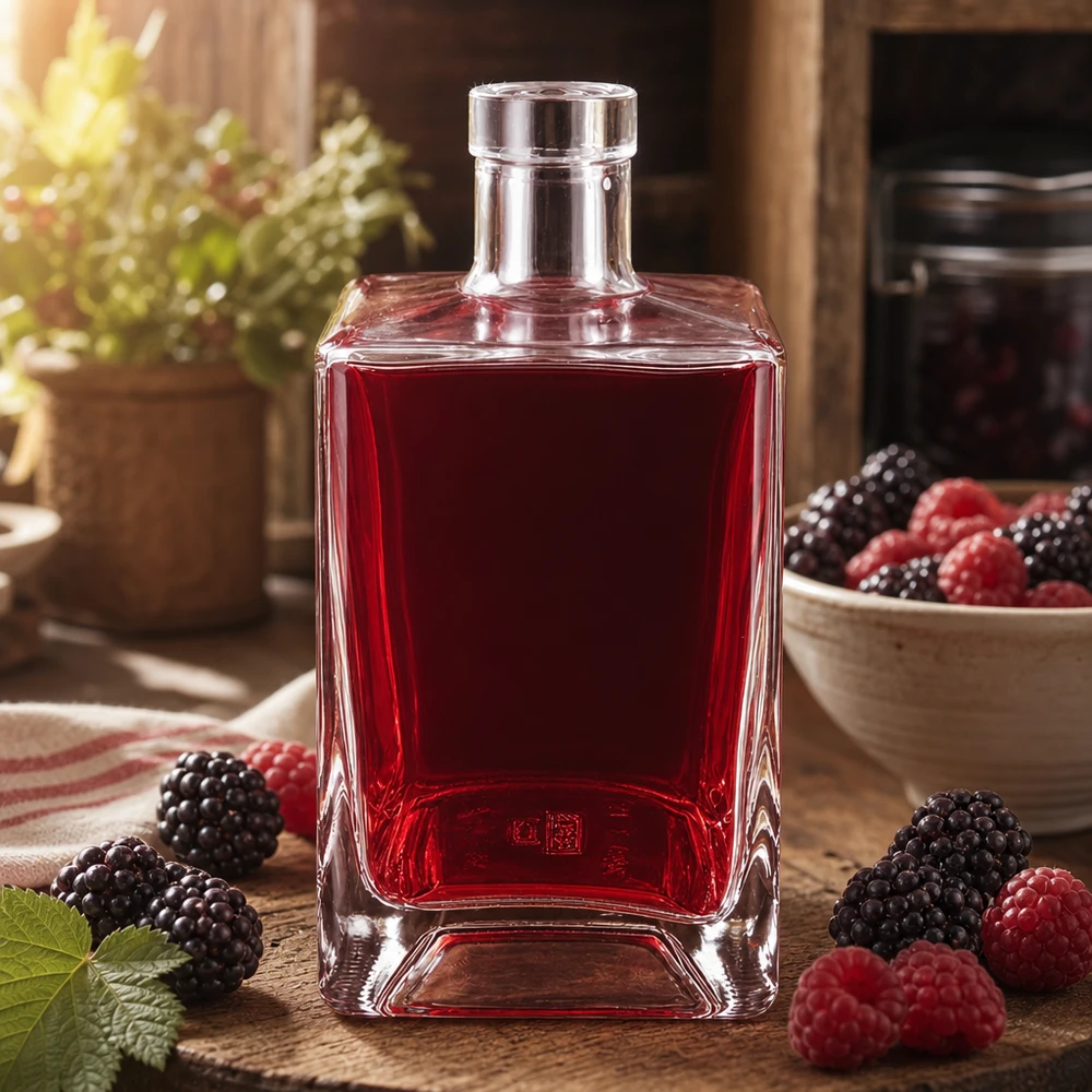 700 ml glazen fles Ben zonder sluiting UNiTWIST® Glazen Ben-fles van 700 ml met vulling van rode bessenlikeur omringd door bramen en frambozen op rustiek hout