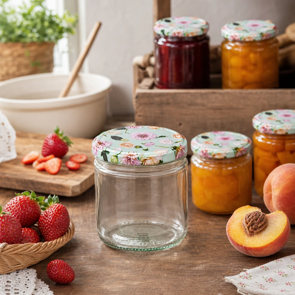 Cilindrische pot 230 ml + deksel BasicSeal in de vorm van een muntbloem 230ml cylinder pot BasicSeal deksel bloem munt in keuken scène met vers fruit en zelfgemaakte jam
