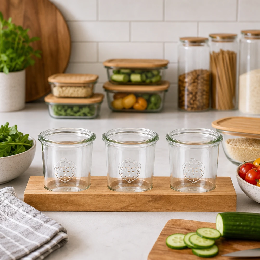 Plano3 serveerplank met lege 140ml WECK potten in een moderne keuken naast groente- en voorraadblikken