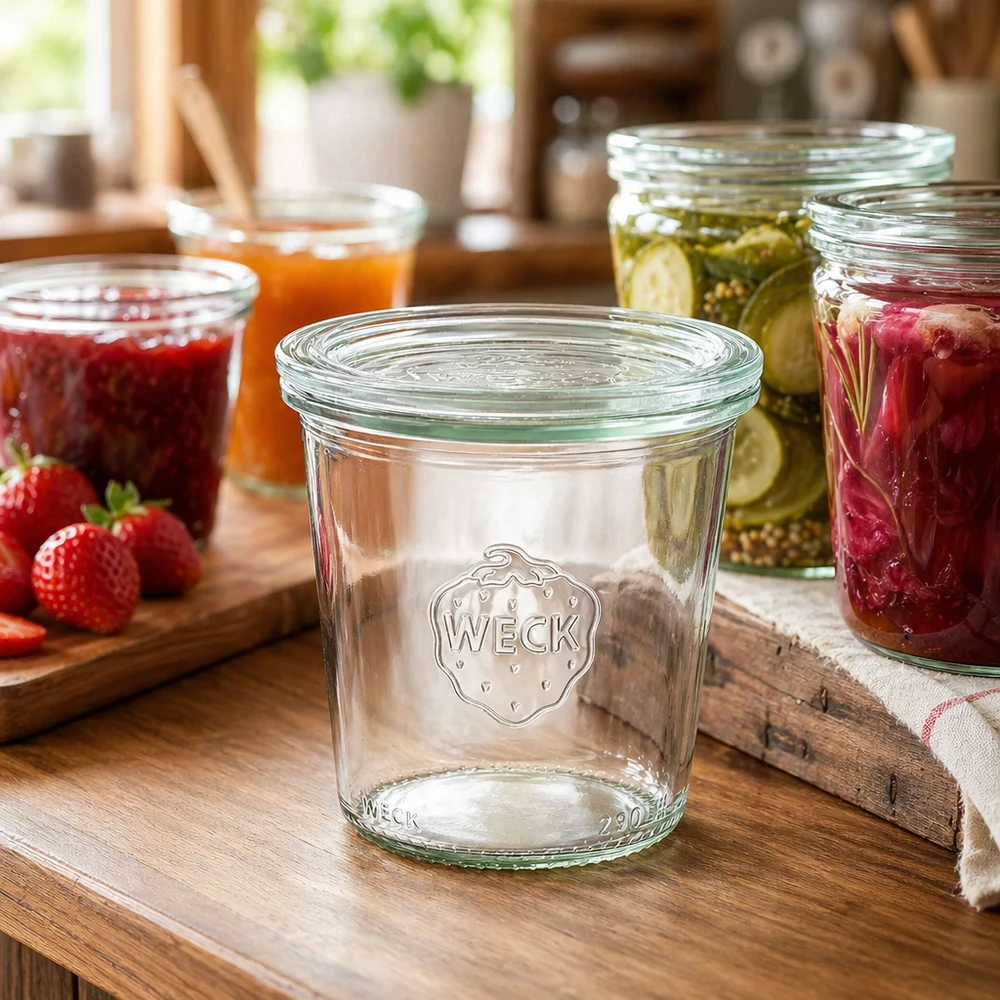 290ml stortglas hoge met glazen deksel WECK RR80 WECK inmaakpot 290ml in keuken met kleurige jam en conserven als toepassingsvoorbeeld voor opslag