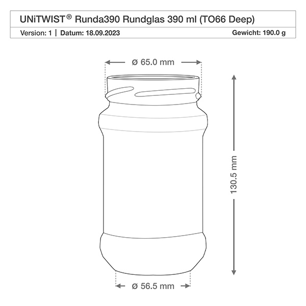 390ml rond glas zonder deksel (TO66deep) UNiTWIST Technische tekening UNiTWIST Runda390 rond glas 390ml TO66 Diep met afmetingen 65mm diameter 130,5mm hoogte