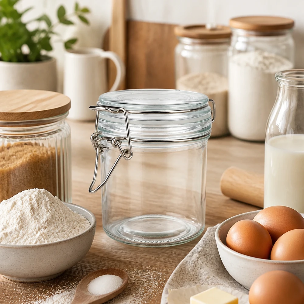 250 ml voorraadpot type S met scharnierende top UN. Transparante pot met zwenkbaar deksel van 250 ml voor het overzichtelijk bewaren van bloem en bakingrediënten
