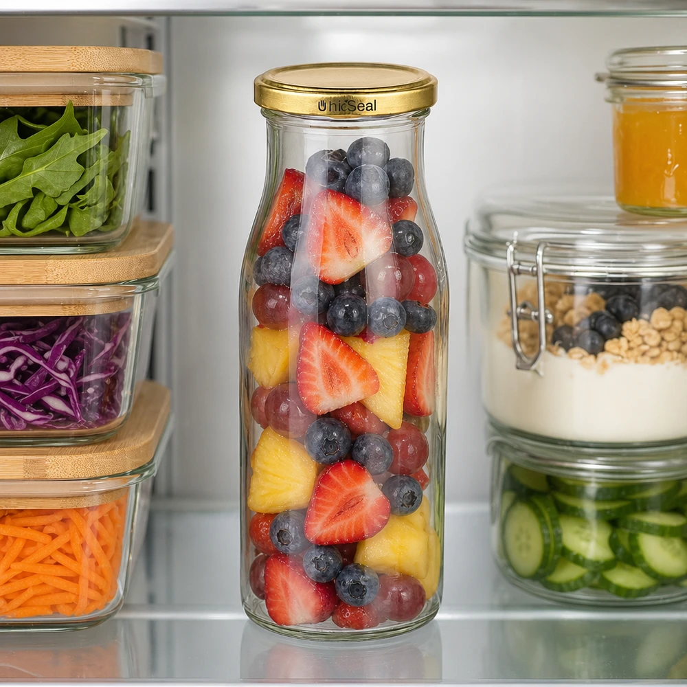 150ml fles met BioSeal deksel goud UNiTWIST UNiTWIST 150ml glazen fles gevuld met fruitmix goud TO43 BioSeal deksel koelkast bewaren