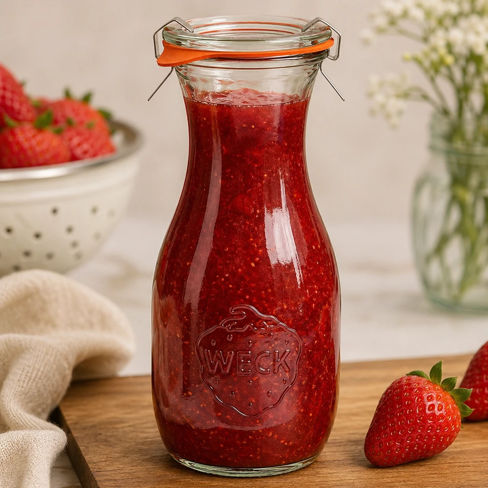 530 ml sapfles, compleet WECK RR60 WECK 530 ml sapfles gevuld met aardbeienjam toont praktisch gebruik van de RR60 inmaakpot