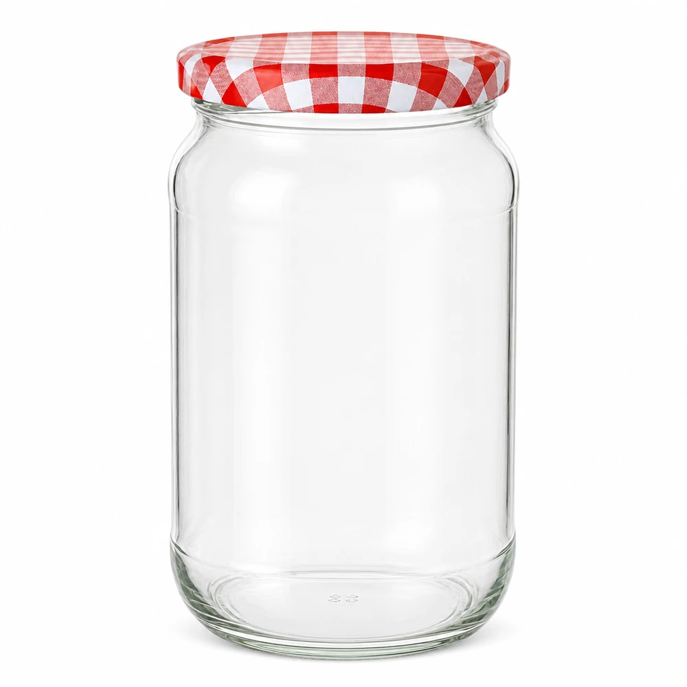 1062ml rond glas met BasicSeal deksel rood/wit UNiTWIST 1062ml ronde pot met rood en wit geruit BasicSeal deksel leeg op witte achtergrond Inmaakpot Voorraadpot