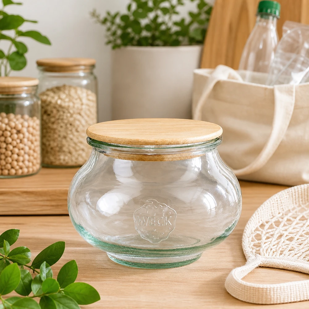 WECK sieradenpot 560ml RR80 lege voorraadpot met houten deksel in duurzame zero-waste keuken met jute zakken