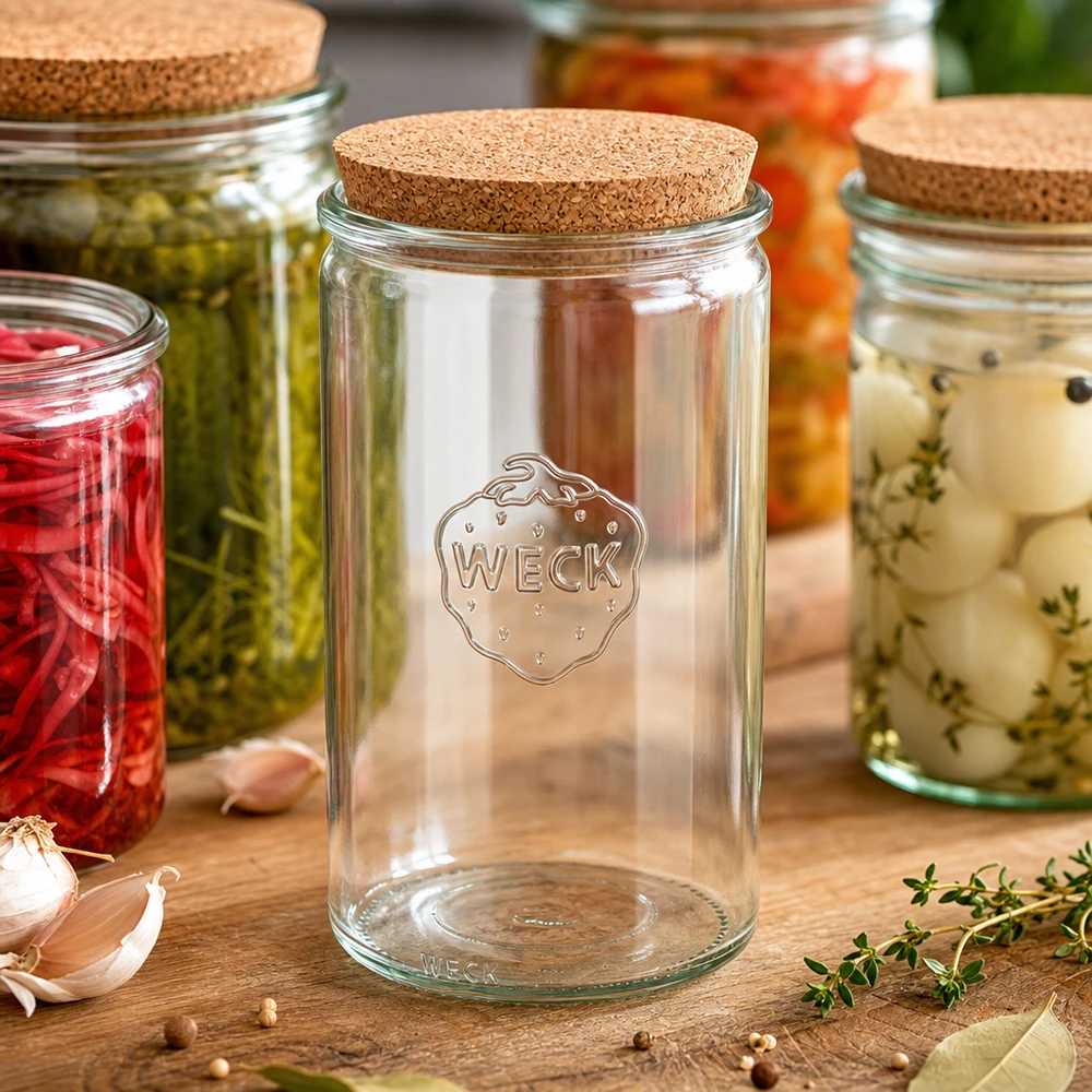 1590ml cilinderglas WECK RR100 met kurk WECK weckpot 1590ml RR100 leeg met kurk tussen gevulde weckpotten keuken tafereel houten tafel