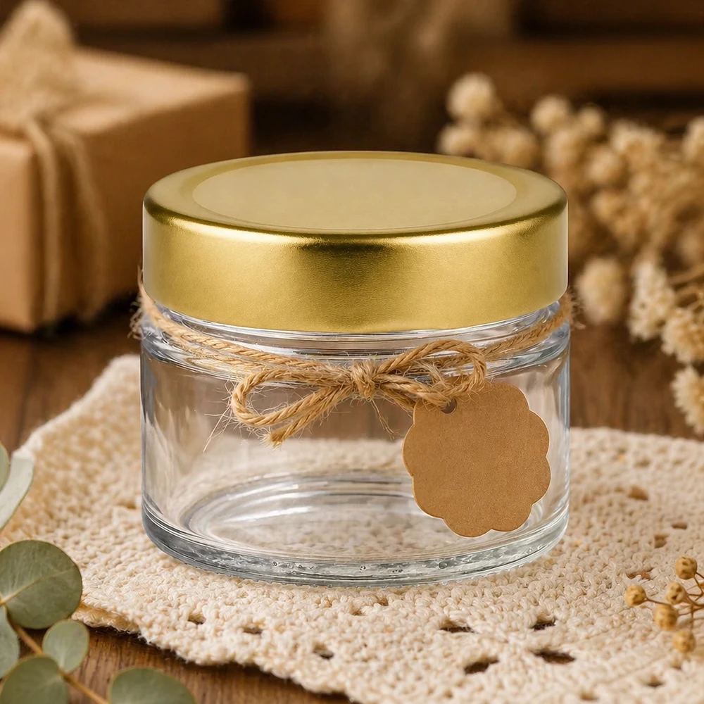 80ml rond glas met BasicSeal deksel goud deep UNiTWIST 80ml ronde pot met BasicSeal deksel goud diep decoratief op gehaakte deken met jute strik en cadeaulabel