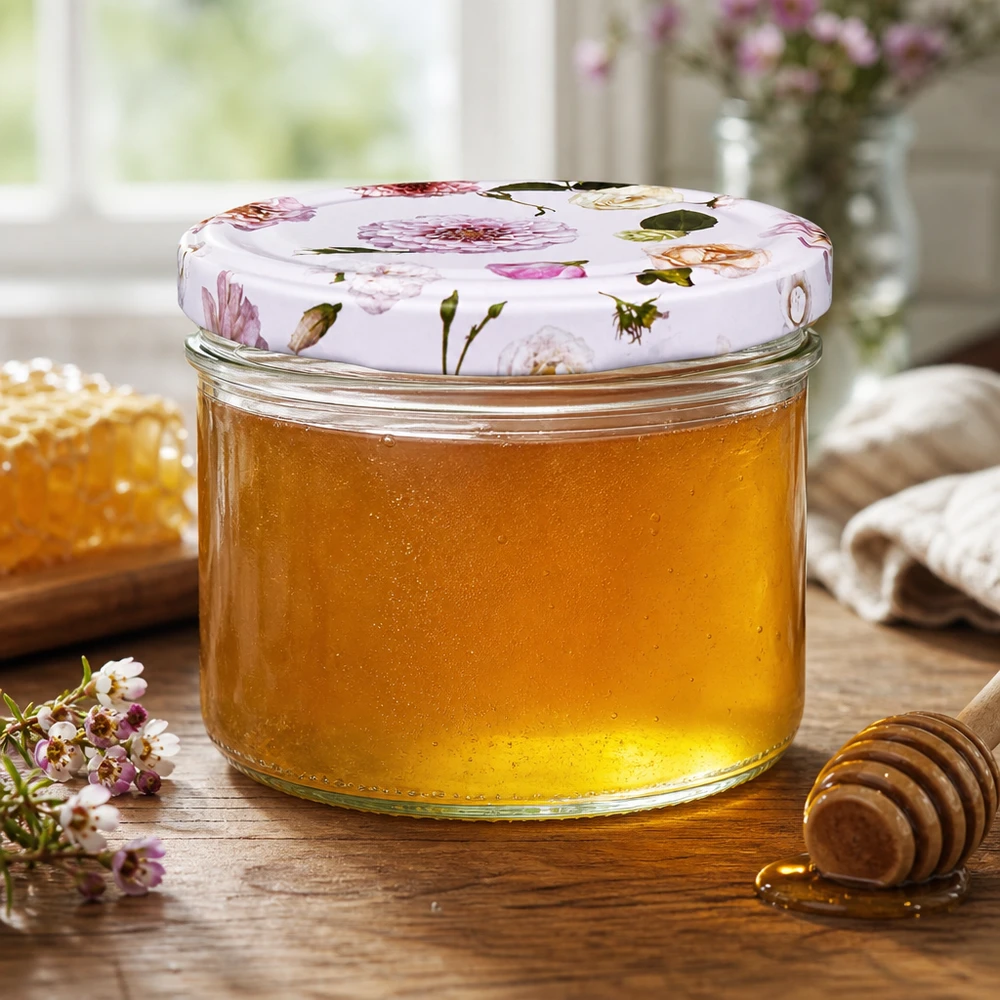 Cilindrische pot 230 ml + deksel BasicSeal roze bloem Honingpot 230ml met BasicSeal deksel bloem roze - gouden honing met honinglepel en honingraat in keuken
