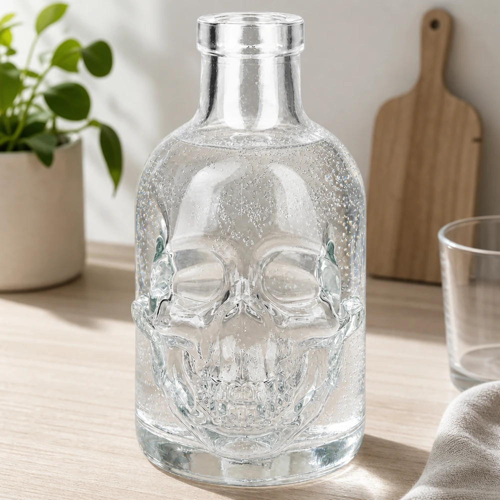 200 ml glazen fles Jack zonder sluiting UNiTWIST® Glazen fles Jack 200ml schedel reliëf transparant keukentafel sfeer natuurlijk licht houten plank plant