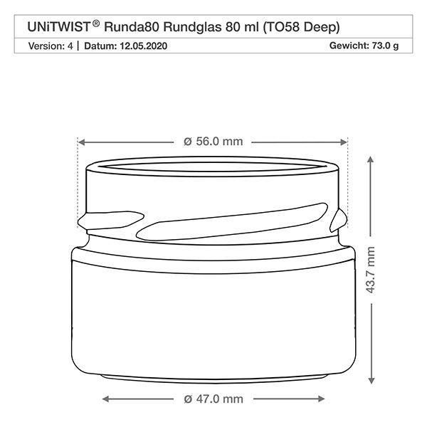 80ml rond glas zonder deksel (TO58deep) UNiTWIST UNiTWIST rond glas 80ml TO58 Deep met afmetingen 56mm diameter en 43,7mm hoogte technische tekening