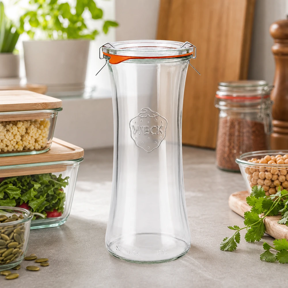 WECK 700ml delicatessenpot RR80 leeg met deksel in een moderne keuken tussen voorraadpotten en verse kruiden