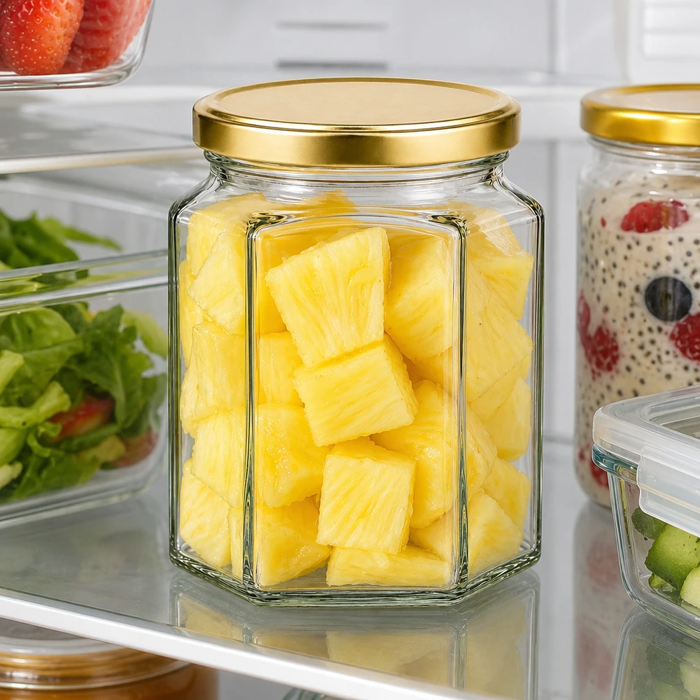 288ml hexaglas met BasicSeal deksel goud UNiTWIST 288 ml Hexaglas BasicSeal goud met ananasstukjes in de koelkast toont optimale versheid van fruit
