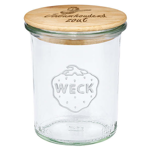 Houten dekselset "Jodiumhoudend zout" met WECK bekers 160ml Houten dekselset "Jodiumhoudend zout" met WECK bekers 160ml