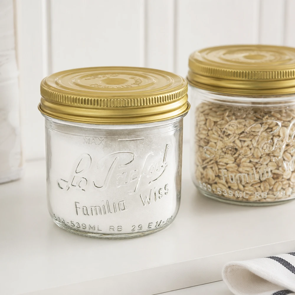 Le Parfait® Familia Wiss 500 g Ø100 mm pot 539ml Familia Wiss bekers met gouden deksel en inmaakpot met cornflakes op een wit vlak