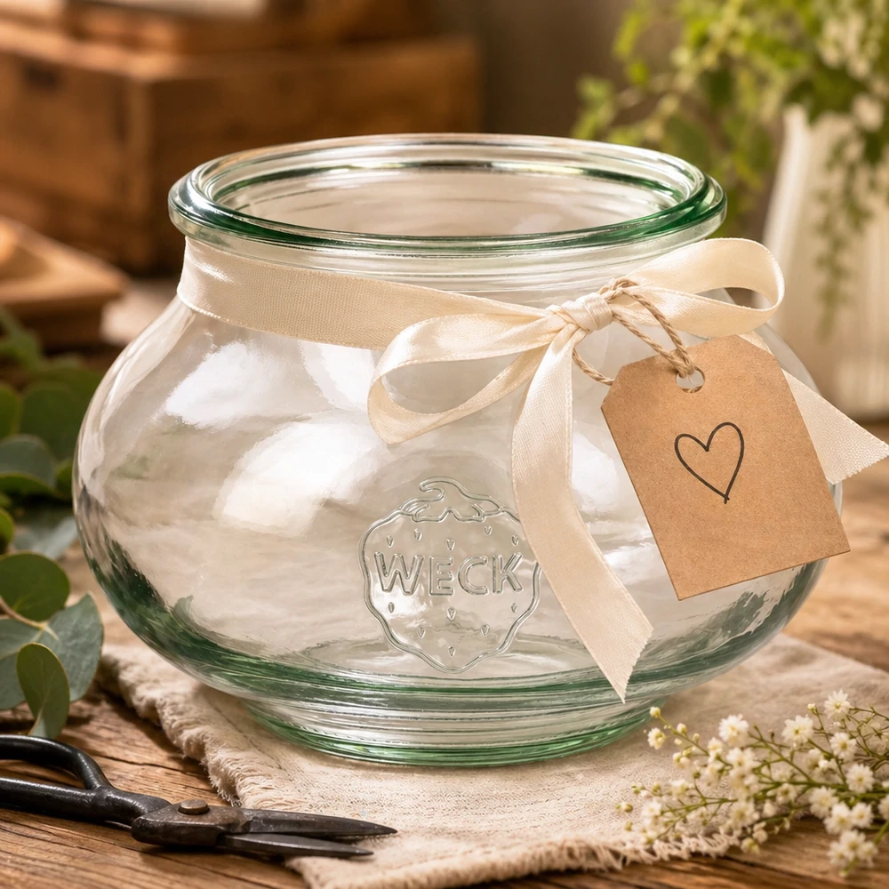 WECK decoratieve pot 560ml RR80 decoratief gerangschikt met crèmekleurig lint en hartenhanger op houten tafel