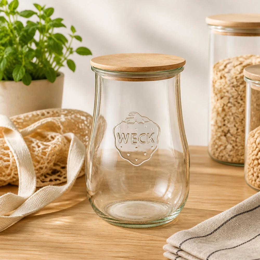 WECK voorraadpot 1750ml tulpvorm met bamboe deksel in natuurlijke keukenomgeving met granenpotten en kruidenpot