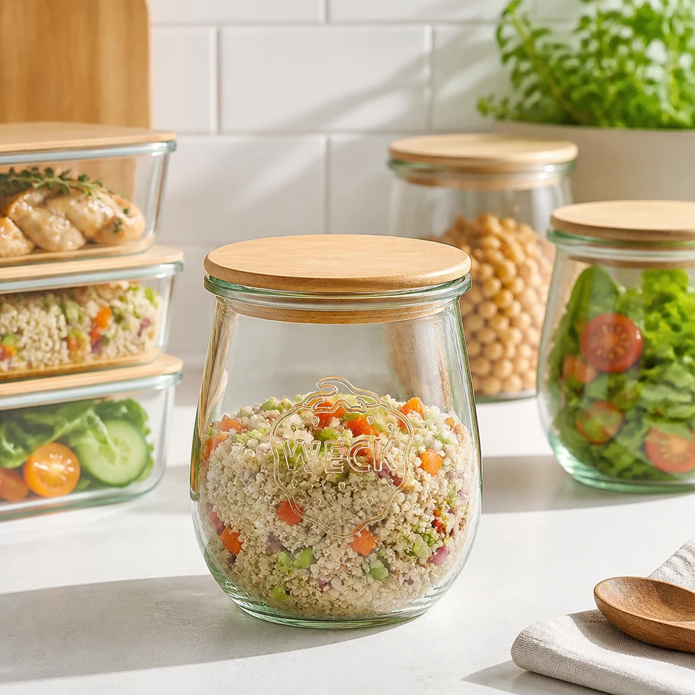WECK tulp pot 220ml RR60 houten deksel voor Meal Prep - voorraad pot met quinoa groente salade in een moderne keuken