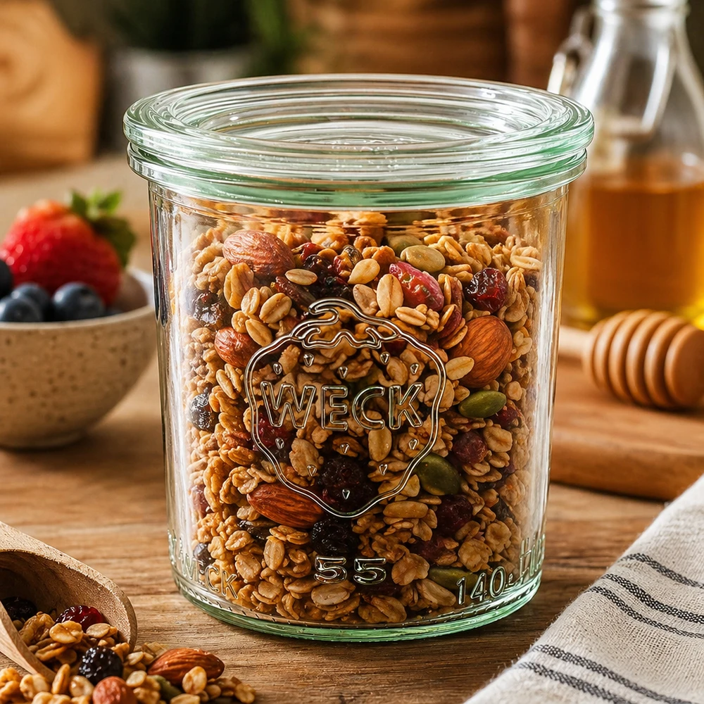 Glazen pot van 140 ml met glazen deksel WECK RR60 WECK Sturzglas 140ml RR60 befüllt mit Nussmischung und Trockenfrüchten als Vorratsglas in rustikaler Küche