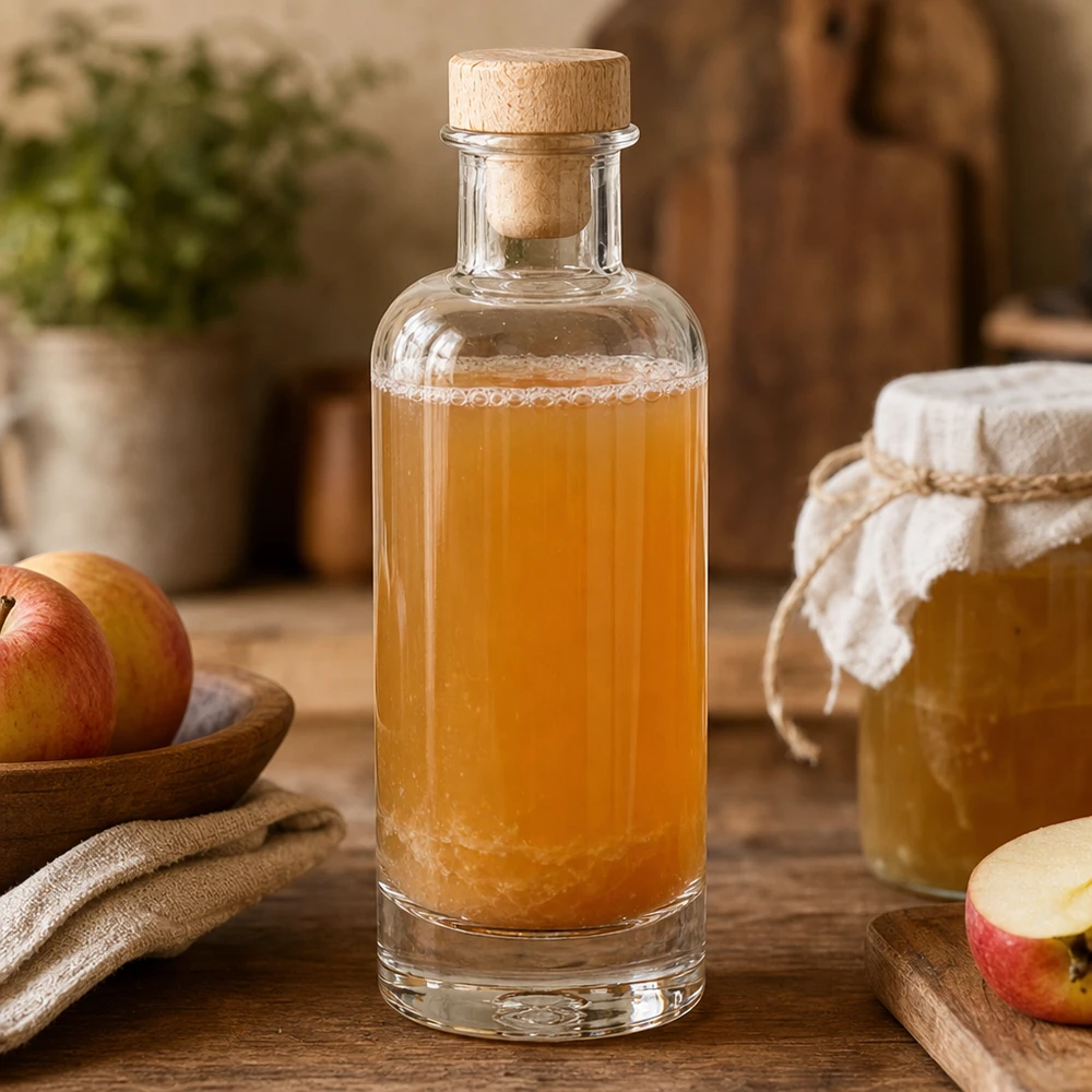 200 ml glazen fles Ella met houten handgreepkurk UNiTWIST® 200ml glazen fles Ella met houten kurk gevuld met appelazijn naast verse appels en honingpot in rustieke keuken