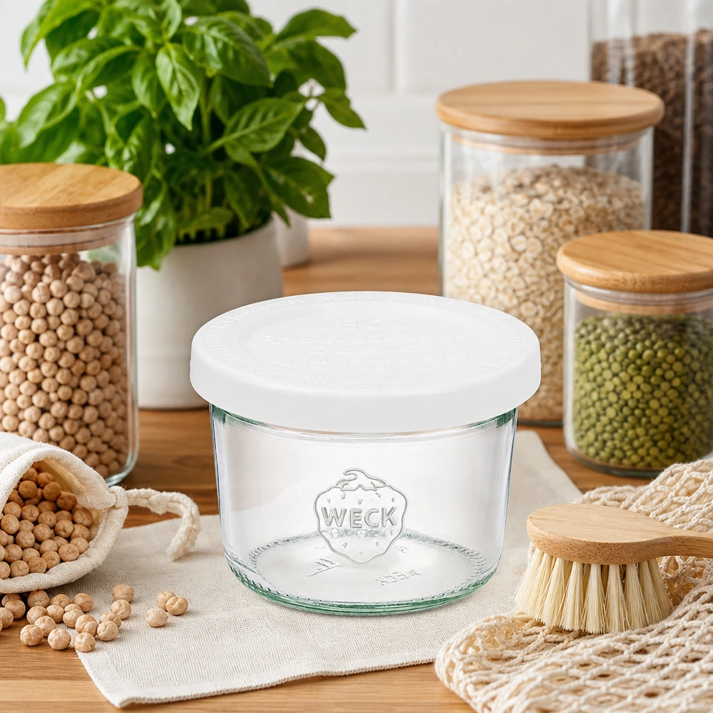 WECK RR60-pot van 80 ml met vershouddeksel WECK 80ml RR60 bekers in duurzame keuken met bewaarpotten voor peulvruchten en zero-waste keukengerei op hout
