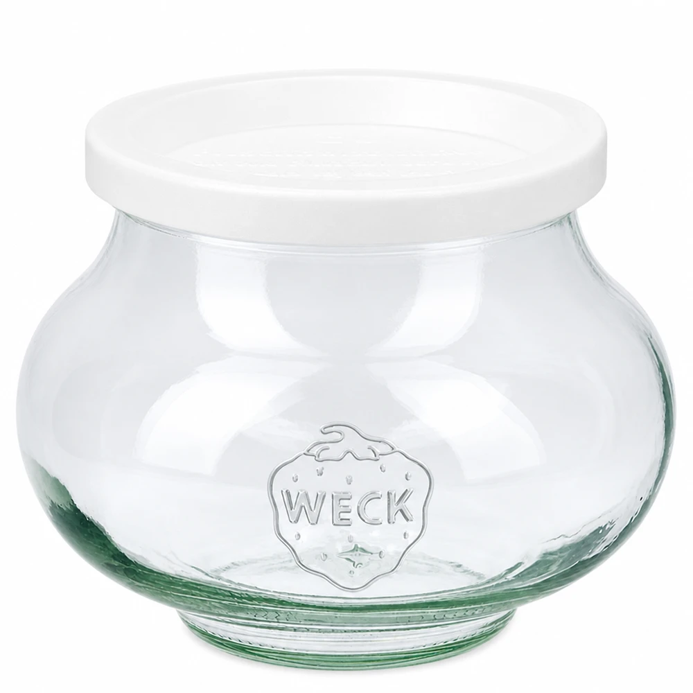 WECK decoratieve pot 560 ml met wit vershouddeksel RR80 van helder glas met WECK-logo in reliëf
